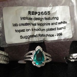 Teal Sapphire White Topaz Rhodium Ring 6